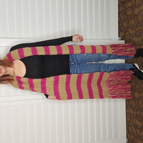 Michael Kors Stripe Fringe Knit Scarf Fushia Pink and Tan - Picture 5 of 12